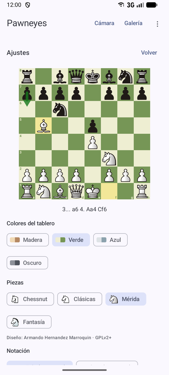 Ajustes: colores, piezas y notación